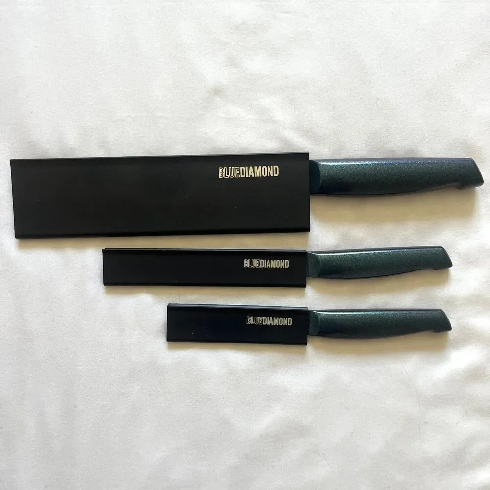 Blue Diamond Knife Set Blade Covers Blue Sharp Stone 3pc Nonstick Cutlery NEW